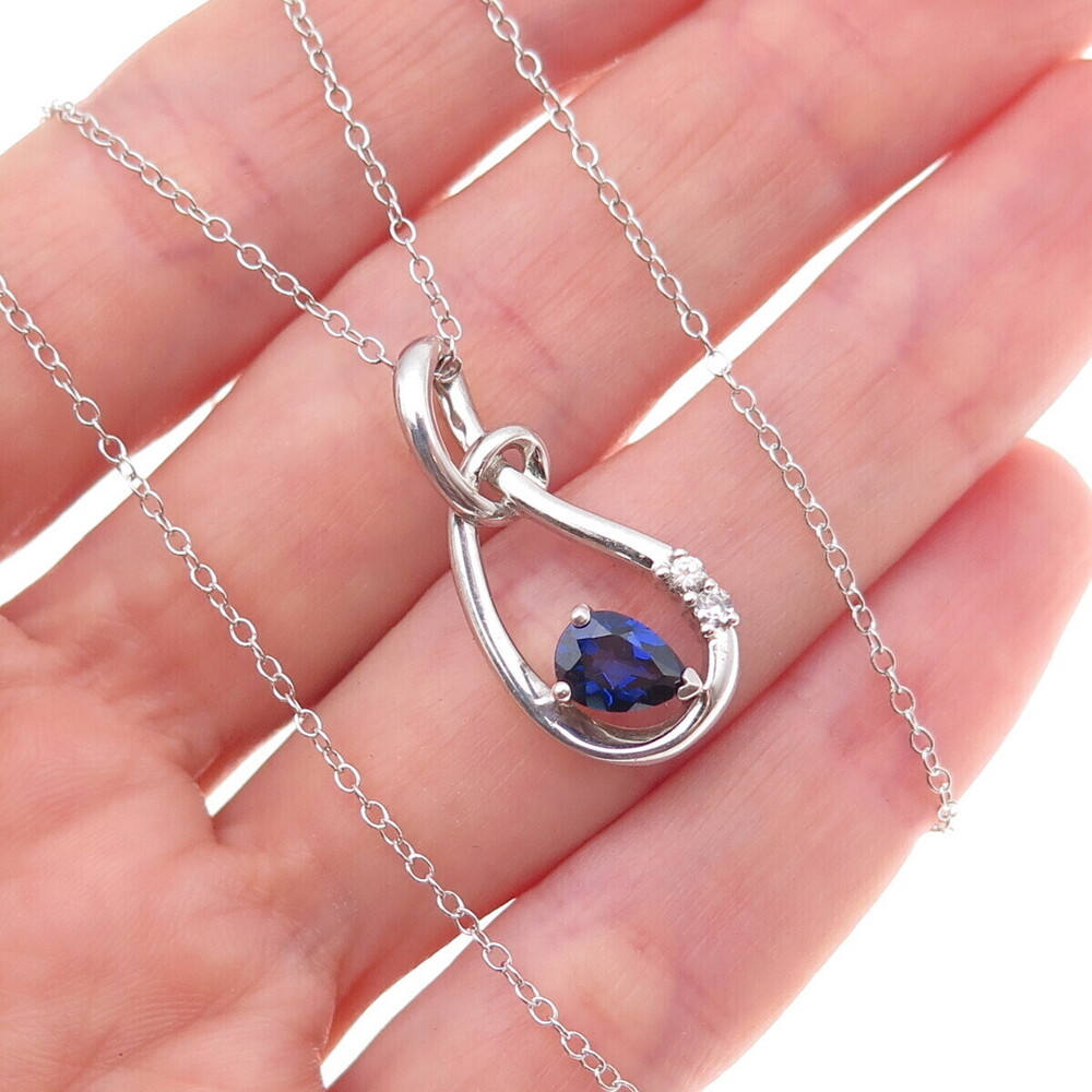 925 Sterling Silver Real White Topaz & Lab-Created Sapphire Chain Necklace 18"